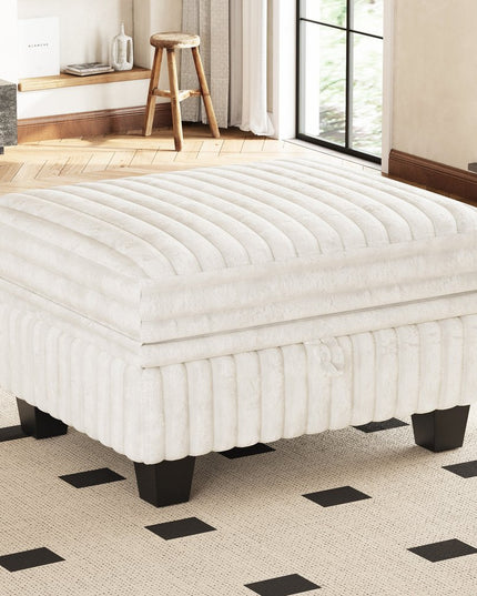 30" Beige and Black Faux Fur Storage Ottoman