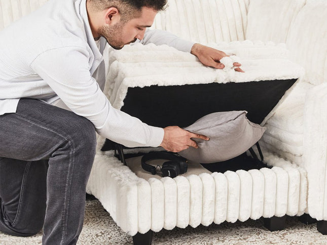 30" Beige and Black Faux Fur Storage Ottoman