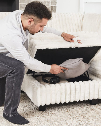 30" Beige and Black Faux Fur Storage Ottoman