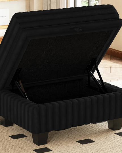 30" Beige and Black Faux Fur Storage Ottoman