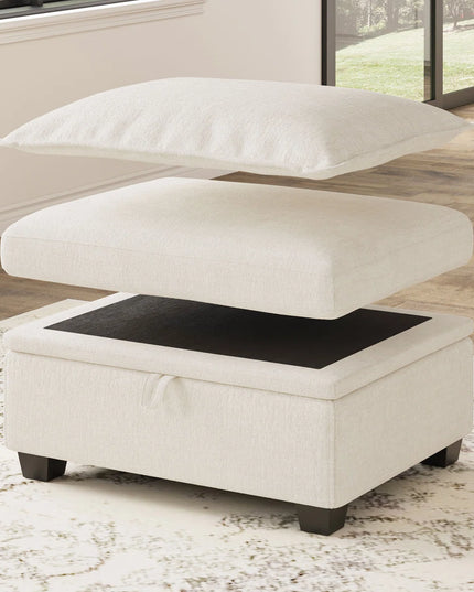 30" Beige and Black Chenille Storage Ottoman