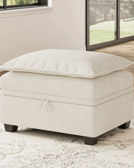 30" Beige and Black Chenille Storage Ottoman