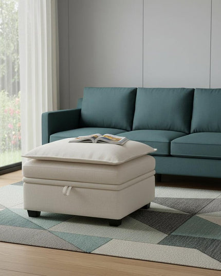 30" Beige and Black Chenille Storage Ottoman