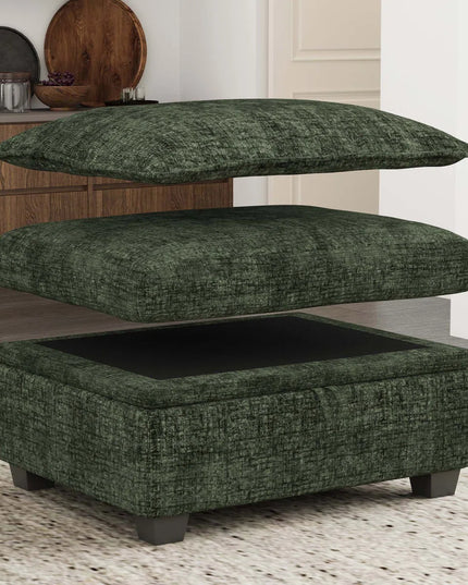 30" Beige and Black Chenille Storage Ottoman