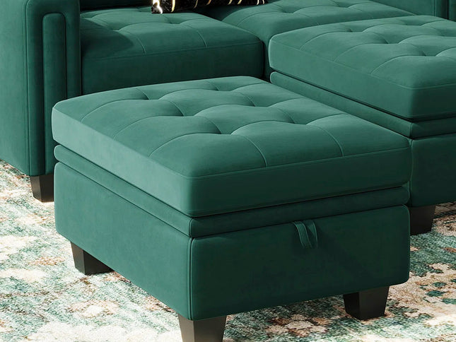 32" Beige and Black Velvet Tufted Storage Ottoman