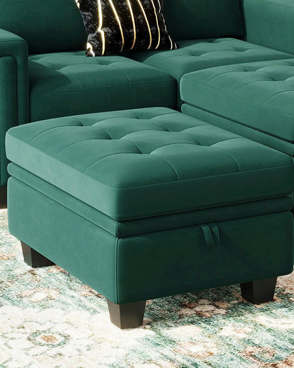 32" Green and Black Velvet Tufted Storage Ottoman