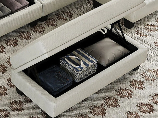 46" Beige and Black Chenille Storage Ottoman