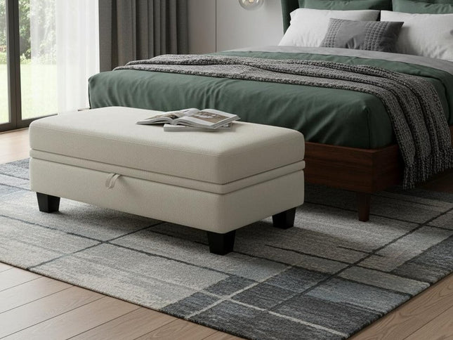 46" Beige and Black Chenille Storage Ottoman