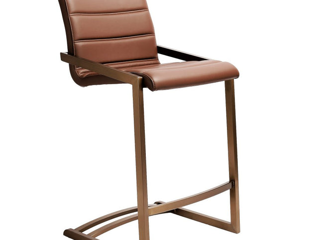 Set of Two 26" Brown and Rose Gold Faux Leather and Steel Low Back Counter Height Bar Chairs