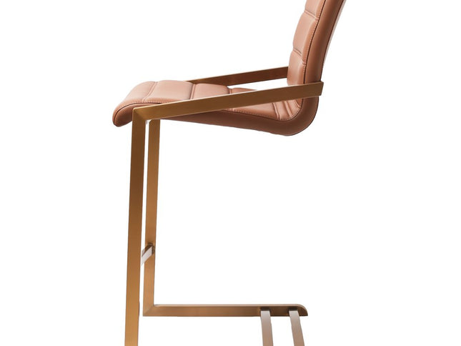 Set of Two 26" Brown and Rose Gold Faux Leather and Steel Low Back Counter Height Bar Chairs