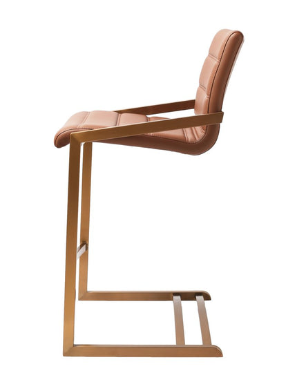 Set of Two 26" Brown and Rose Gold Faux Leather and Steel Low Back Counter Height Bar Chairs