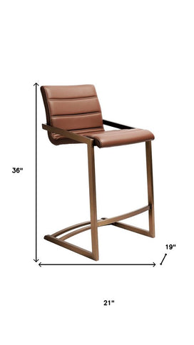 Set of Two 26" Brown and Rose Gold Faux Leather and Steel Low Back Counter Height Bar Chairs