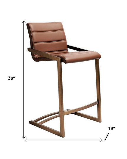 Set of Two 26" Brown and Rose Gold Faux Leather and Steel Low Back Counter Height Bar Chairs