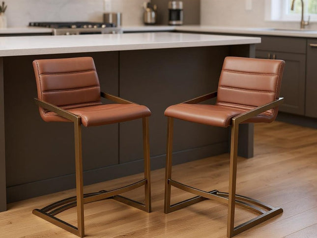 Set of Two 26" Brown and Rose Gold Faux Leather and Steel Low Back Counter Height Bar Chairs