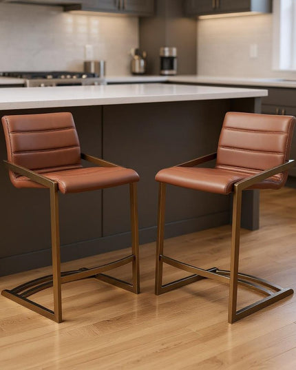 Set of Two 26" Brown and Rose Gold Faux Leather and Steel Low Back Counter Height Bar Chairs