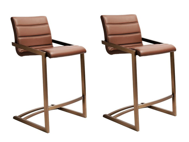 Set of Two 26" Brown and Rose Gold Faux Leather and Steel Low Back Counter Height Bar Chairs