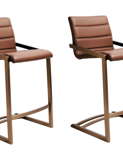 Set of Two 26" Brown and Rose Gold Faux Leather and Steel Low Back Counter Height Bar Chairs