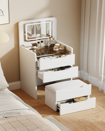 24" White Wood Lighted Mirrored Three Drawer Dresser