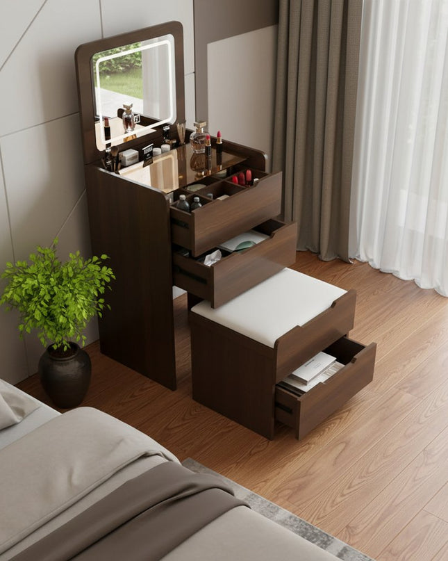 24" Brown Wood Lighted Mirrored Three Drawer Dresser