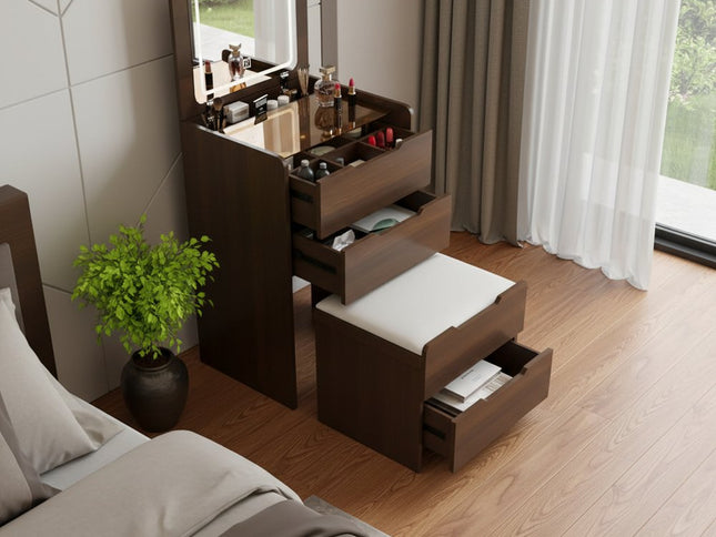 24" Brown Wood Lighted Mirrored Three Drawer Dresser