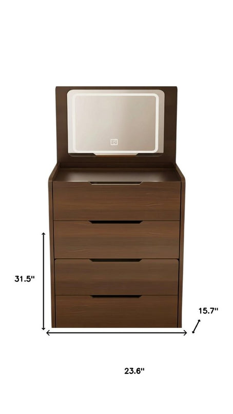 24" Brown Wood Lighted Mirrored Three Drawer Dresser