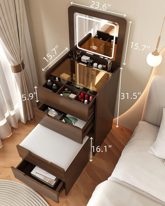 24" Brown Wood Lighted Mirrored Three Drawer Dresser