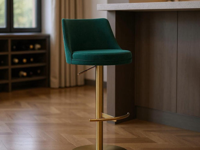 Green and Gold Velvet and Steel Low Back Adjustable Height Swivel Bar Chair