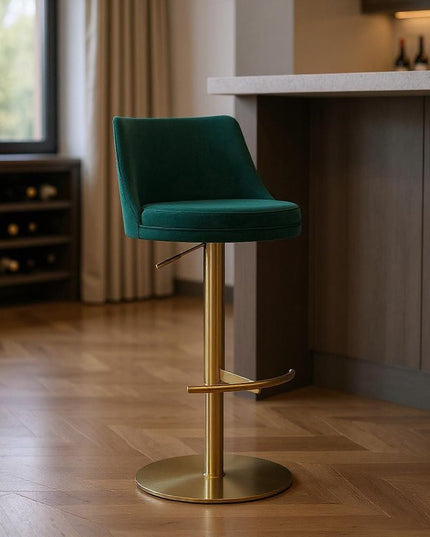 Green and Gold Velvet and Steel Low Back Adjustable Height Swivel Bar Chair
