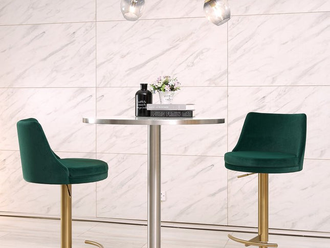 Green and Gold Velvet and Steel Low Back Adjustable Height Swivel Bar Chair