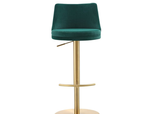 Green and Gold Velvet and Steel Low Back Adjustable Height Swivel Bar Chair