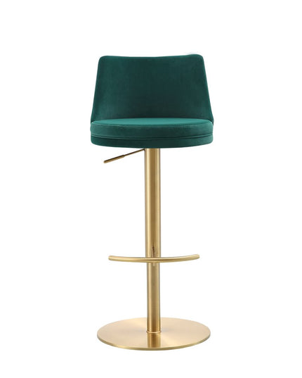 Green and Gold Velvet and Steel Low Back Adjustable Height Swivel Bar Chair