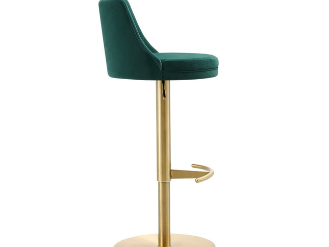 Green and Gold Velvet and Steel Low Back Adjustable Height Swivel Bar Chair