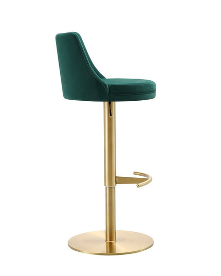 Green and Gold Velvet and Steel Low Back Adjustable Height Swivel Bar Chair