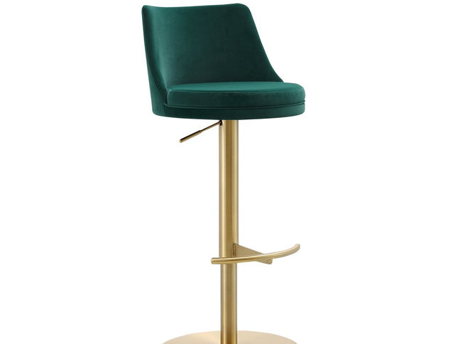 Green and Gold Velvet and Steel Low Back Adjustable Height Swivel Bar Chair