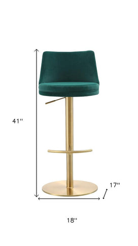 Green and Gold Velvet and Steel Low Back Adjustable Height Swivel Bar Chair