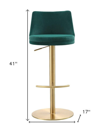 Green and Gold Velvet and Steel Low Back Adjustable Height Swivel Bar Chair