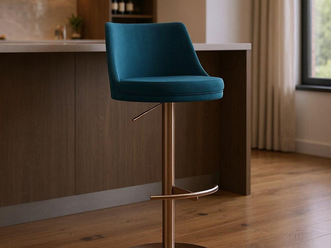 Blue and Rose Gold Velvet and Steel Low Back Adjustable Height Swivel Bar Chair