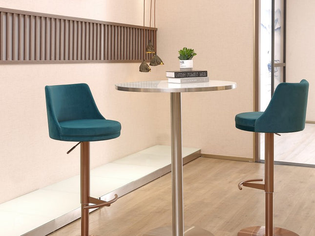 Blue and Rose Gold Velvet and Steel Low Back Adjustable Height Swivel Bar Chair