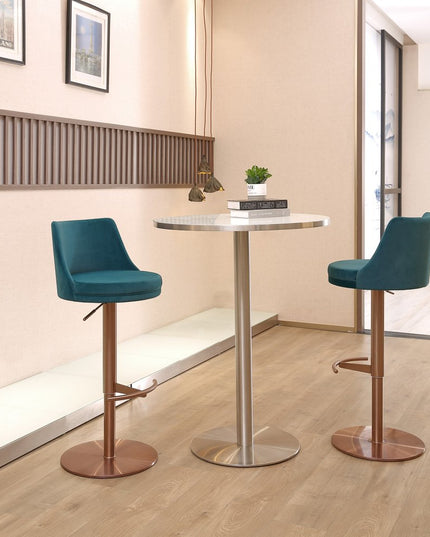 Blue and Rose Gold Velvet and Steel Low Back Adjustable Height Swivel Bar Chair