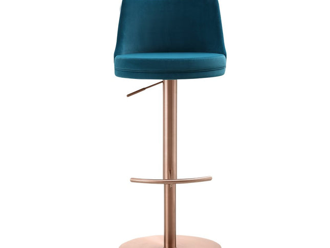 Blue and Rose Gold Velvet and Steel Low Back Adjustable Height Swivel Bar Chair