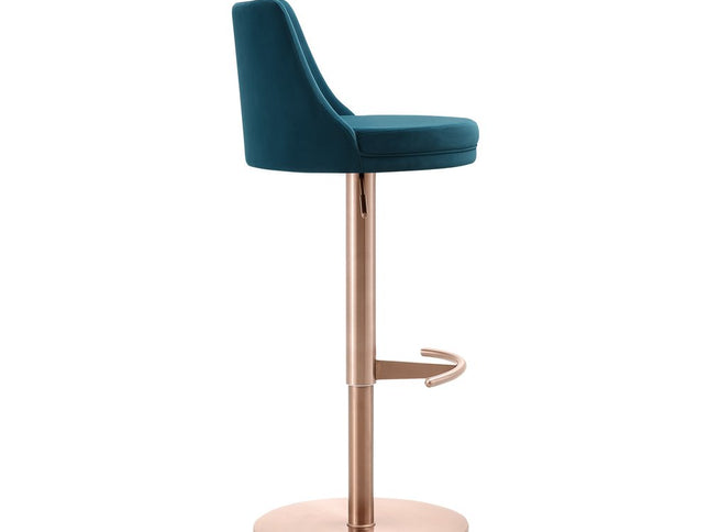 Blue and Rose Gold Velvet and Steel Low Back Adjustable Height Swivel Bar Chair
