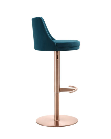 Blue and Rose Gold Velvet and Steel Low Back Adjustable Height Swivel Bar Chair