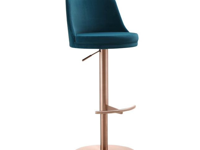 Blue and Rose Gold Velvet and Steel Low Back Adjustable Height Swivel Bar Chair