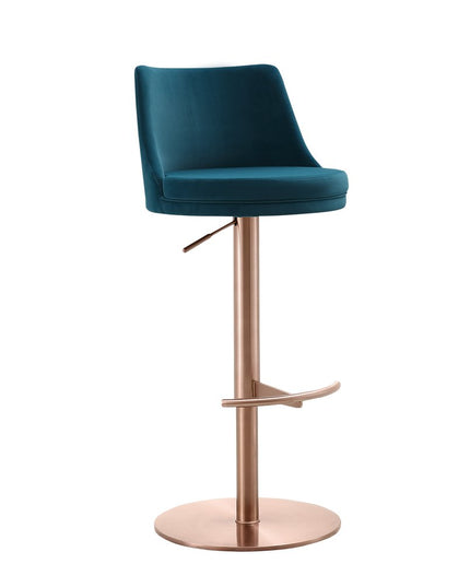 Blue and Rose Gold Velvet and Steel Low Back Adjustable Height Swivel Bar Chair
