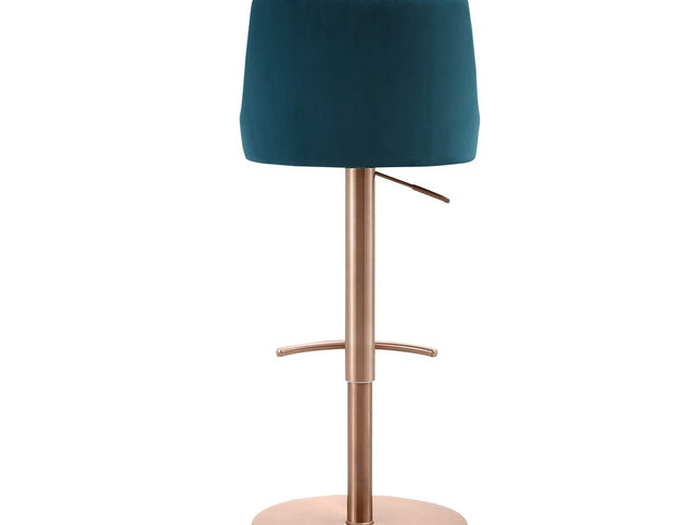 Blue and Rose Gold Velvet and Steel Low Back Adjustable Height Swivel Bar Chair