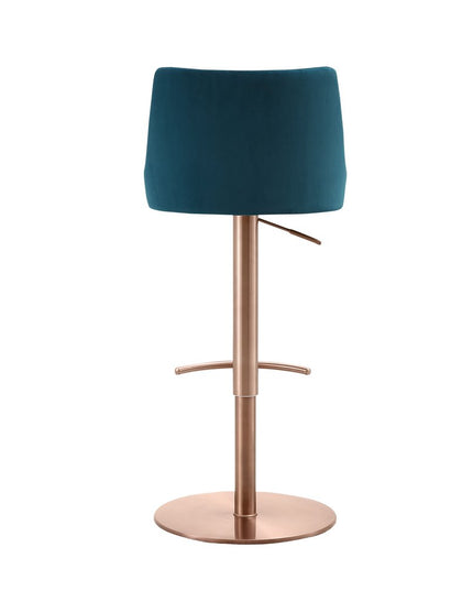 Blue and Rose Gold Velvet and Steel Low Back Adjustable Height Swivel Bar Chair