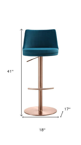 Blue and Rose Gold Velvet and Steel Low Back Adjustable Height Swivel Bar Chair