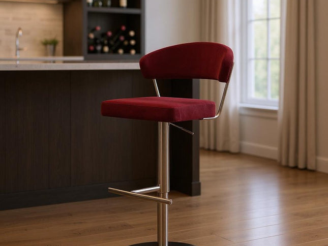 Red and Rose Gold Velvet and Steel Low Back Adjustable Height Swivel Bar Chair