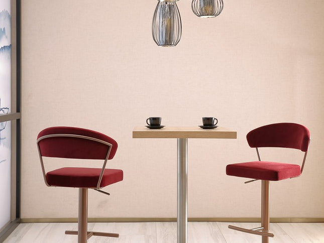 Red and Rose Gold Velvet and Steel Low Back Adjustable Height Swivel Bar Chair
