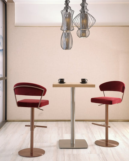 Red and Rose Gold Velvet and Steel Low Back Adjustable Height Swivel Bar Chair